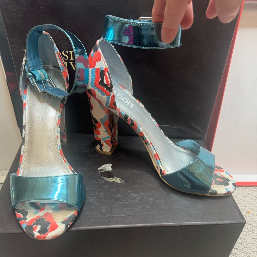 Super cute blue metallic with leopard print heels